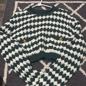 HYFVE Green and White Crew Neck Sweater with Geometric Design